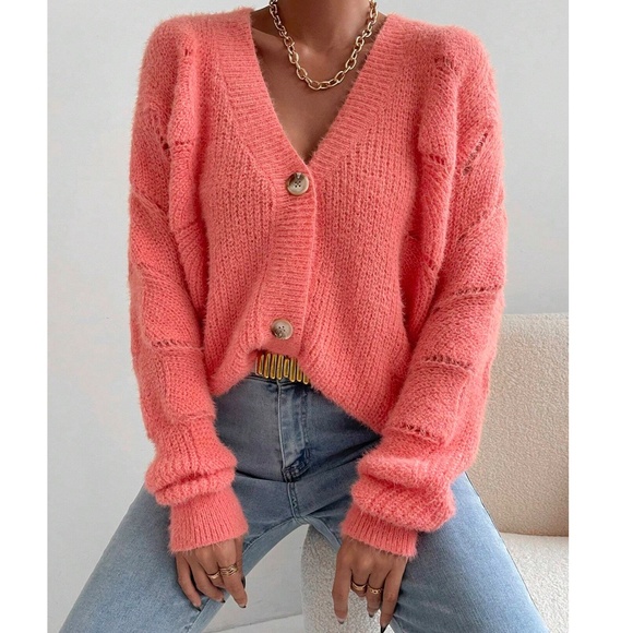 Classic Coral Button Down Loose Fit Cardigan - Picture 2 of 9